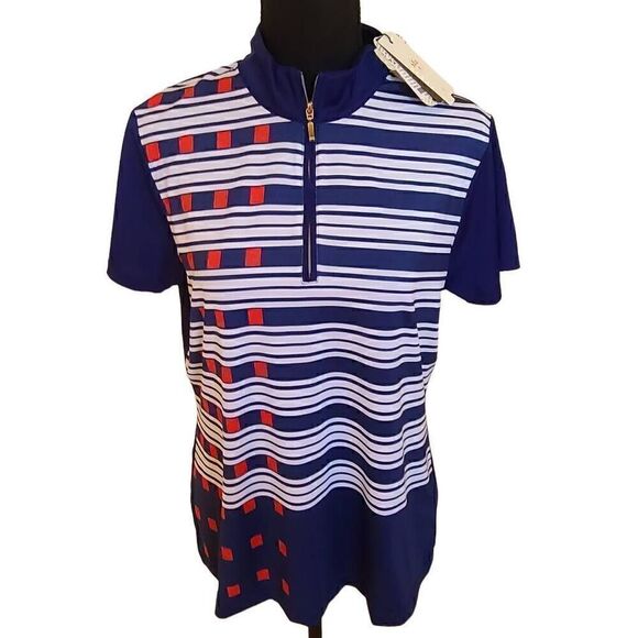 NWT EP Pro Womens Short Sleeve Exploded Dash Stripe Print Zip Golf Polo Top L - Picture 2 of 13